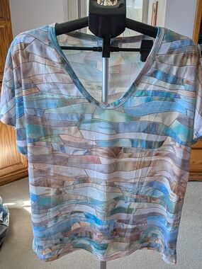 MISSLOOK V-Neck Short Sleeve Top in Blue and Brown